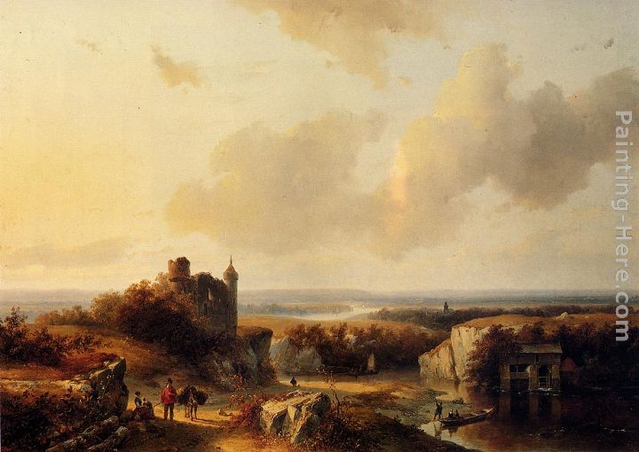 AnExtensive River Landscape With Travellers On A Path And A Castle In Ruins In The Distance